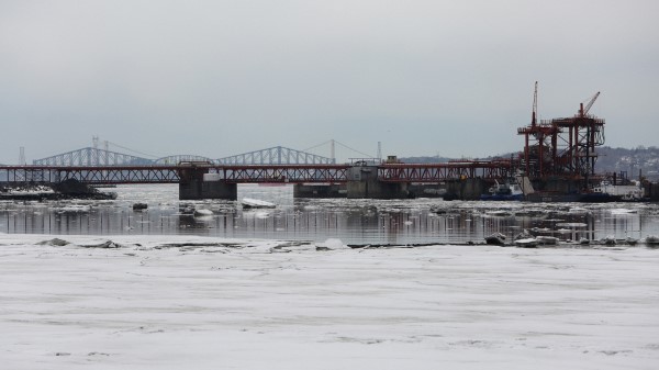 Bridge River Buildings Snow Wallpaper