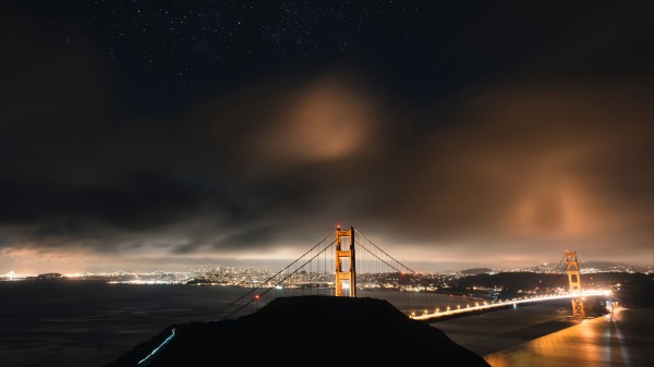 Bridge Starry Sky Night City Wallpaper