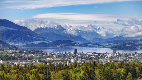 City Trees Mountains Wallpaper