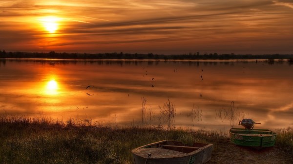 Decline River Boats Coast Evening Birds Reflection Wallpaper