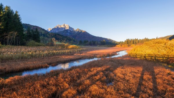 Field Mountains River Grass Wallpaper