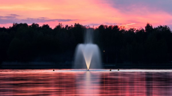 Fountain Lake Sunset Trees Wallpaper