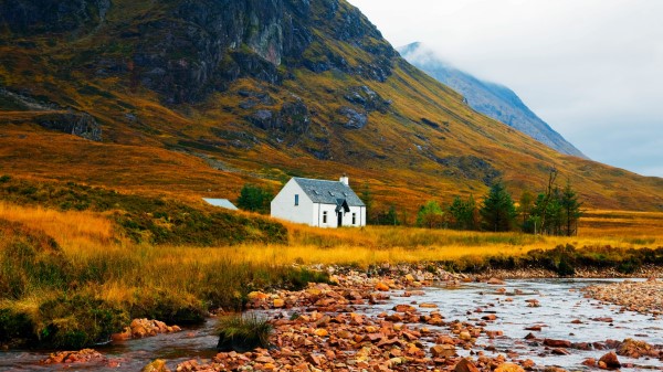 House Lake Stones Grass Mountains Wallpaper Wallpaper