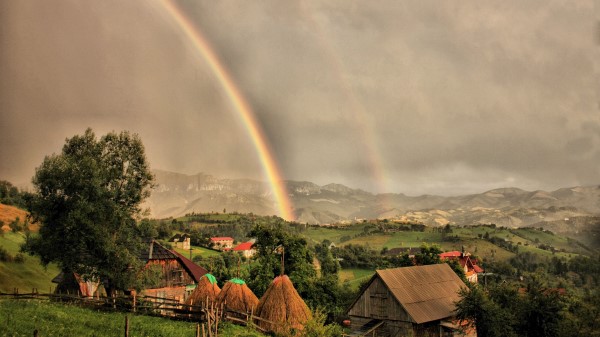 Houses Clouds Rainbow Landscap Wallpaper