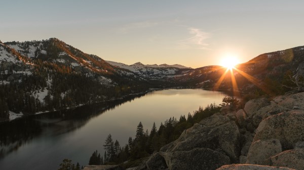 Lake Mountains Sunset Stones Wallpaper