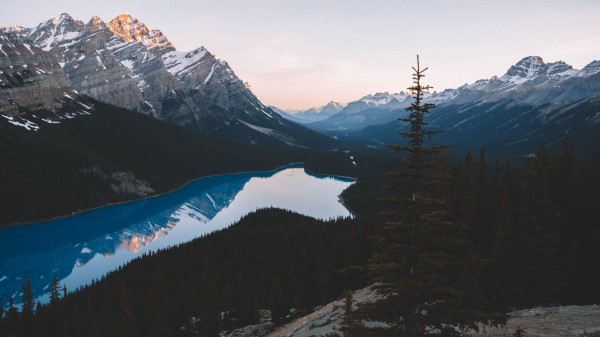 Lake Mountains Trees Sky Wallpaper