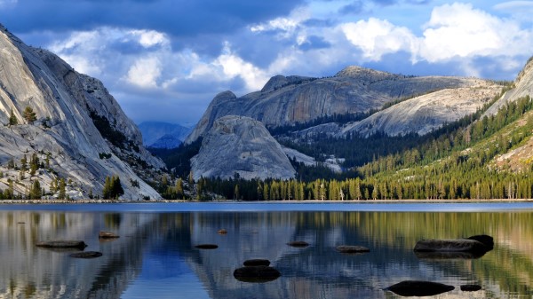 Lake Stones Surface Of The Water Cloudy Reflection Wallpaper