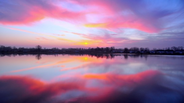 Lake Sunset Reflection Sky Horizon Wallpaper