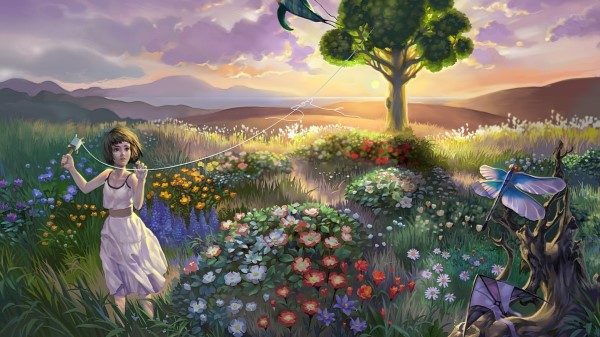 Landscape Child Baby Grass Flowers Birds Kite Wallpaper