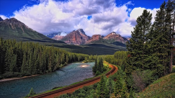 Landscape Mountains Railroad Sky Trees Wallpaper