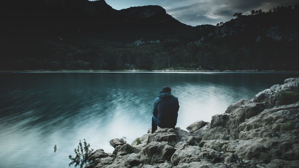 Man Mountain Lake Landscape Wallpaper