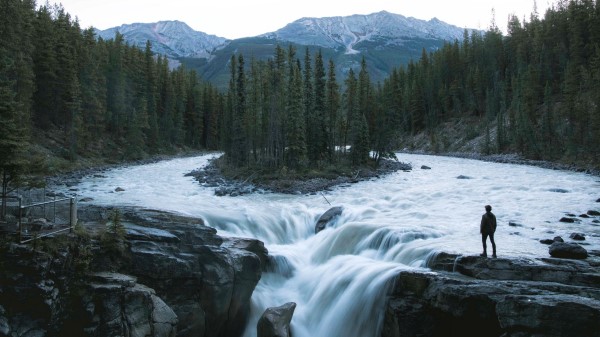 Man Mountains Waterfall Loneliness Wallpaper