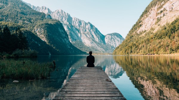 Man Pier Lonely Mountains Silence Wallpaper