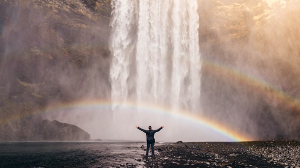 Man Rainbow Waterfall Freedom Wallpaper