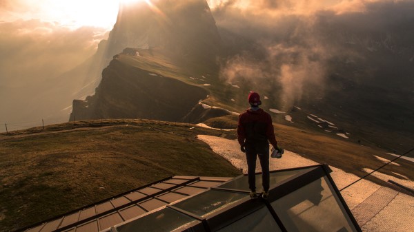 Man Roof Mountains Wallpaper