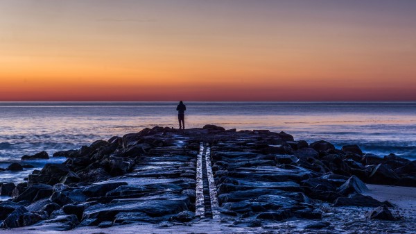 Man Shore Evening Sea Wallpaper