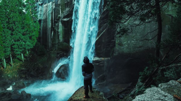Man Waterfall Stones Wallpaper