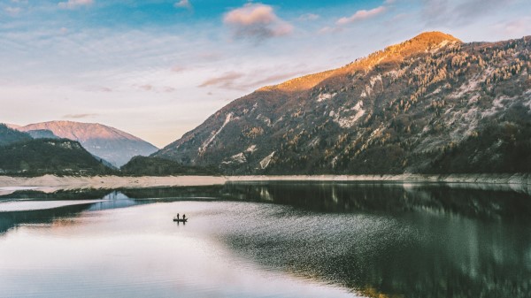 Mountain Lake Boat Reflection Wallpaper