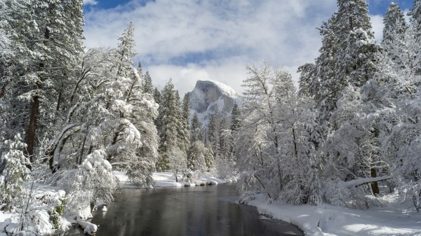 Mountain River Snow Trees Wallpaper