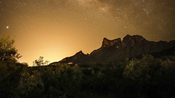 Mountains Bushes Starry Sky Wallpaper