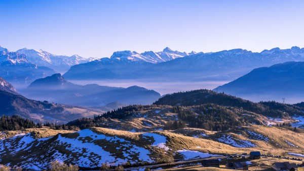 Mountains Distance Snow Trees Wallpaper