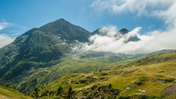 Mountains Fog Grass Wallpaper
