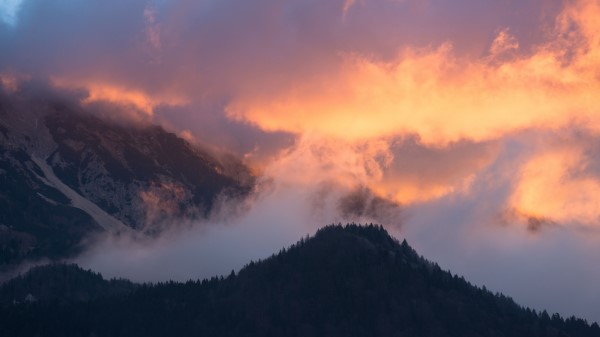 Mountains Fog Sky Trees Sunset Wallpaper