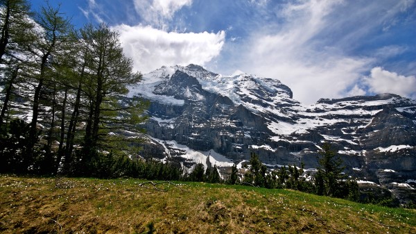 Mountains Grass Top Sky Wallpaper