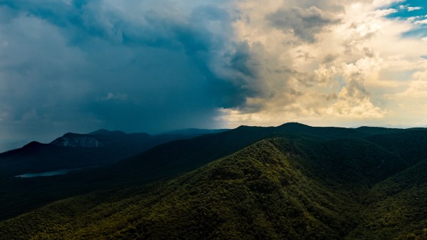 Mountains Hill Trees Clouds Wallpaper