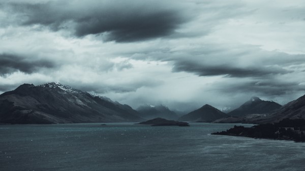 Mountains Lake Sky Overcast Wallpaper