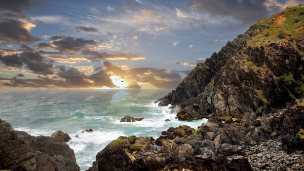 Mountains Rocks Birds Sea Light Sun Flight Clouds Horizon Wallpaper