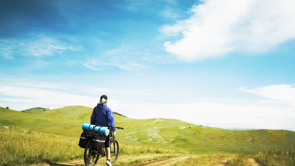 Mountains Slopes Travel Bicycle Back Girl Wallpaper
