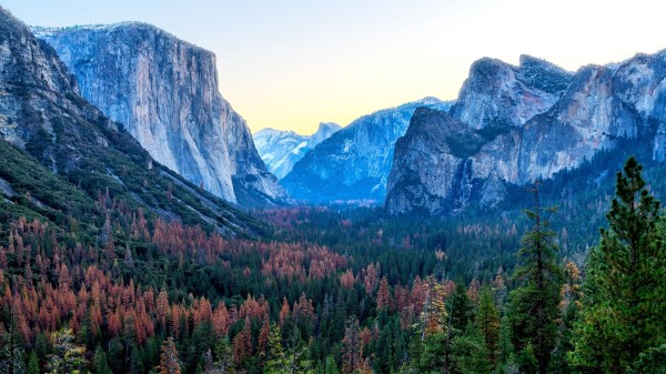 Mountains Trees Distance Sky Wallpaper