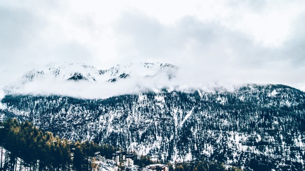 Mountains Trees Fog Snow Wallpaper