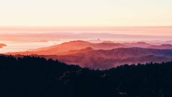 Mountains Trees Sunset Wallpaper