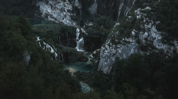 Mountains Waterfall Aerial View Wallpaper