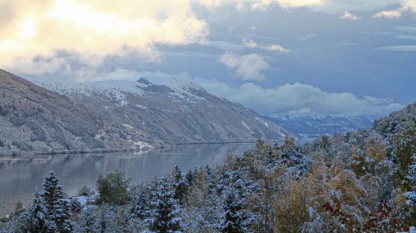 Mountains Winter Trees Rivers Clouds Wallpaper