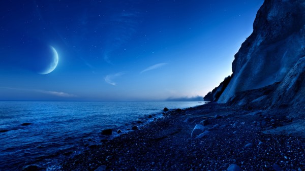Nightfall Mountain Sea Moon Wallpaper