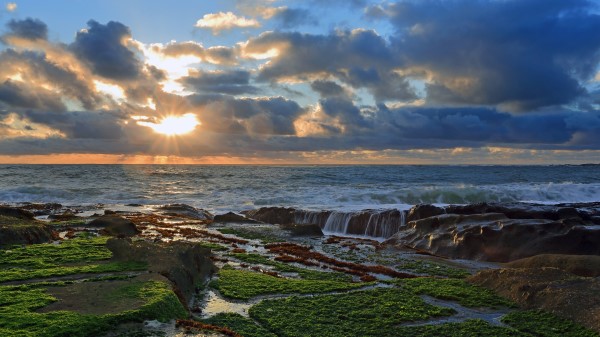 Pacific Ocean Sunset Rocks Clouds Coast Wallpaper