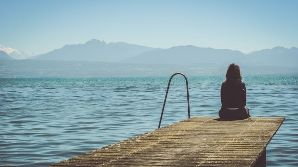 Pier Girl Sea Solitude Wallpaper