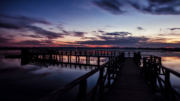 Pier Lake Sunset Sky Wallpaper