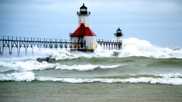 Pier Lighthouse Sea Waves Surf Wallpaper