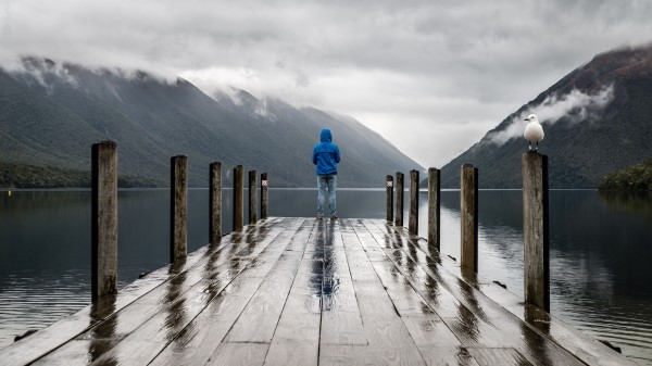 Pier Man Mountains Wallpaper