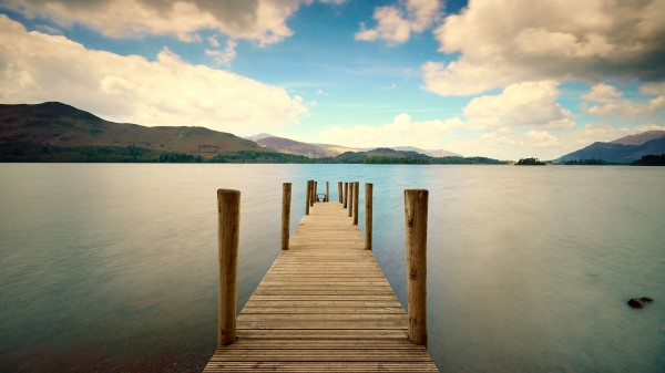 Pier River Mountain Distance Sk Wallpaper