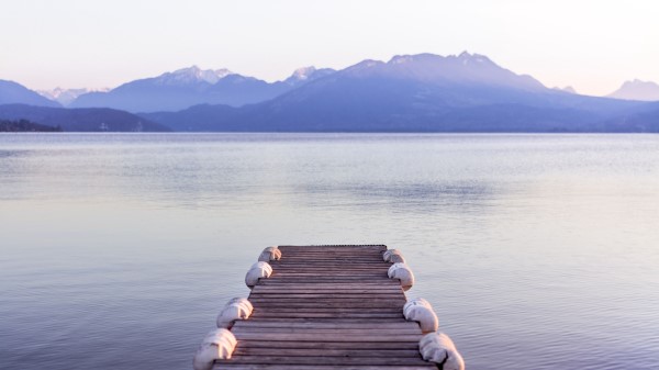 Pier Sea Mountains Shore Wallpaper