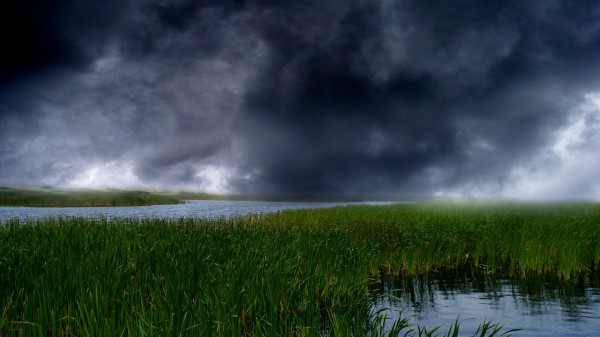 River Reeds Clouds Nature Wallpaper