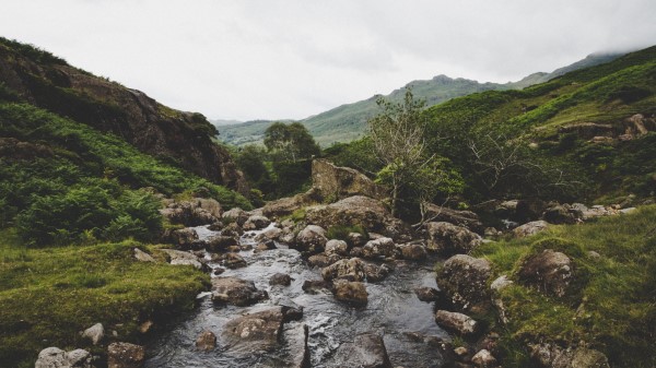 River Rocks Flow Mountains Wallpaper