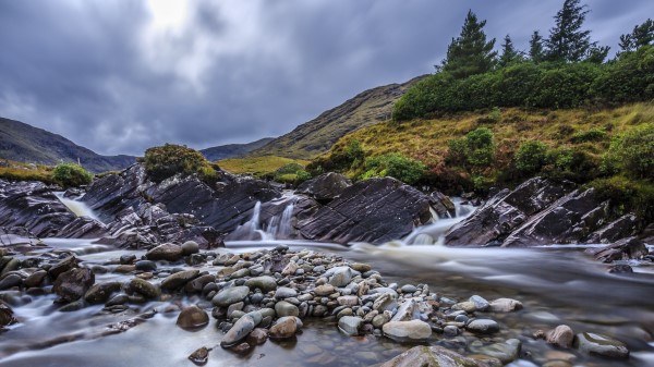 River Rocks Flow Water Mountains Wallpaper