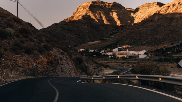 Road Mountains Buildings Wallpaper