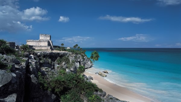 Rocks Palm Trees Structure Stone Architecture Break Blue Water Wallpaper